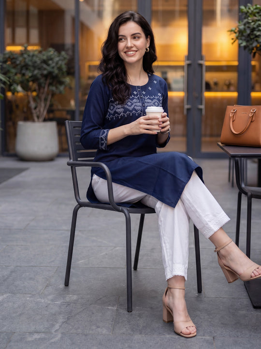 Indo Era Blue Embroidered Straight Kurtas