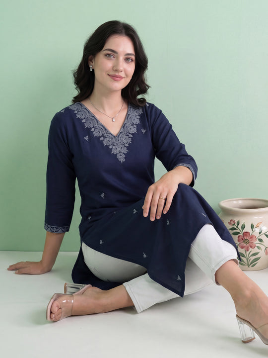 Indo Era Blue Embroidered Straight Kurtas