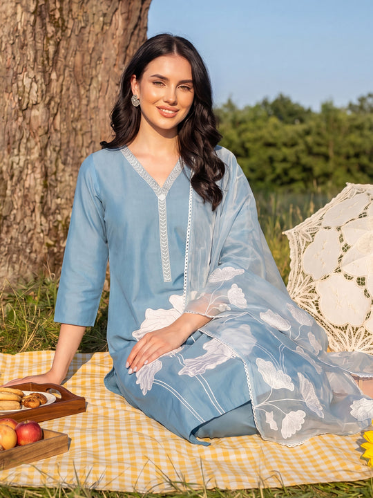 Indo Era Blue Embroidered Straight Kurta Trousers With Dupatta Set