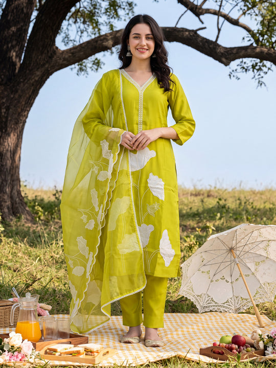 Indo Era Olive Embroidered Straight Kurta Trousers With Dupatta Set