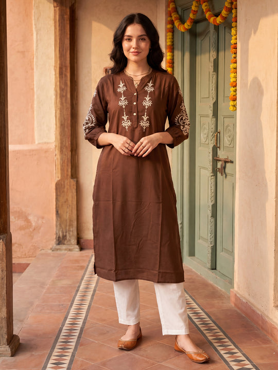Indo Era Brown Embroidered Straight Kurtas
