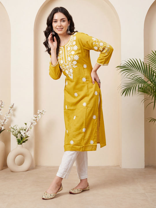 Indo Era Mustard Embroidered Straight Kurtas