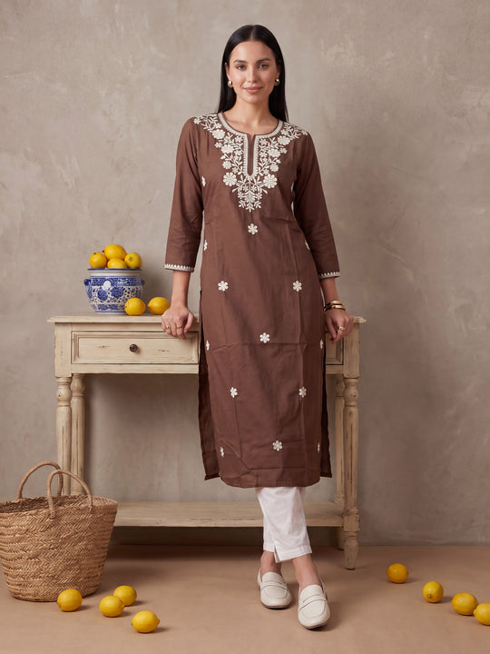 Indo Era Brown Embroidered Straight Kurtas