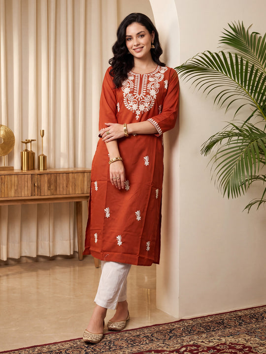 Indo Era Rust Embroidered Straight Kurtas
