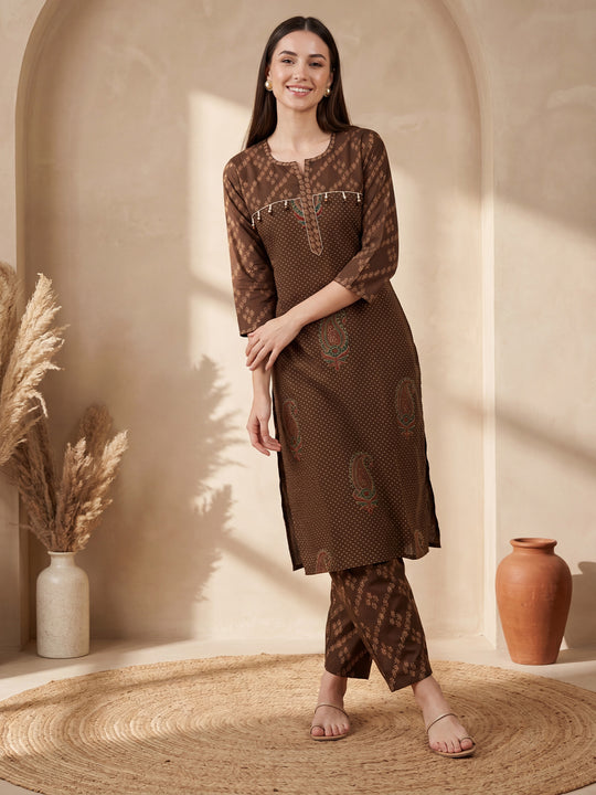 Indo Era Brown Printed Straight Kurta Trousers Set