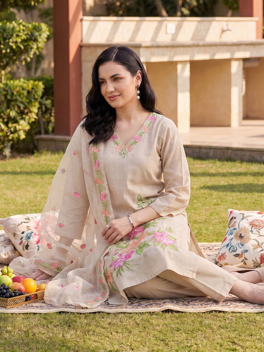 Indo Era Cream Embroidered Straight Kurta Trousers With Dupatta Set