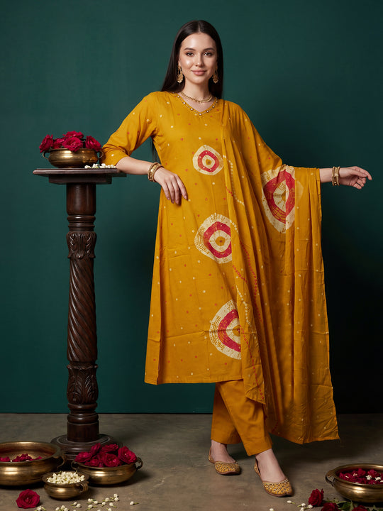 Indo Era Mustard Printed A-Line Kurta Trousers With Dupatta Set