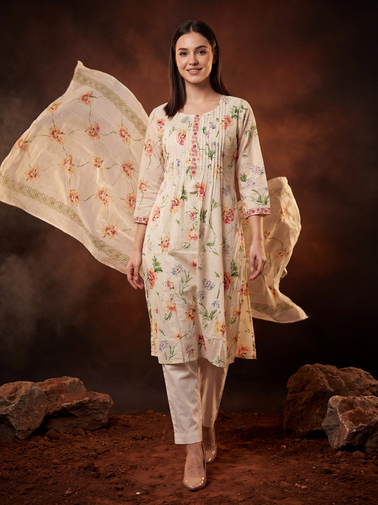 Indo Era Cream Printed A-Line Kurta Trousers With Dupatta Set