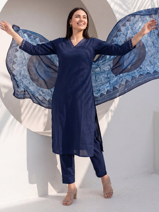 Indo Era Blue Solid Straight Kurta Trousers With Dupatta Set