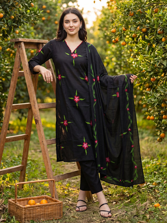 Indo Era Black Printed Straight Kurta Trousers With Dupatta Set