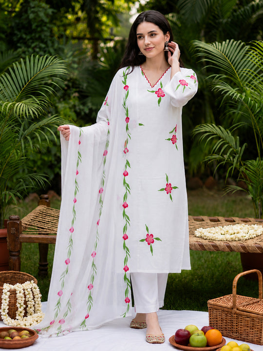 Indo Era White Printed Straight Kurta Trousers With Dupatta Set