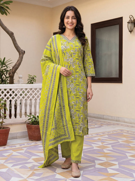 Indo Era Green Printed Straight Kurta Trousers With Dupatta Set