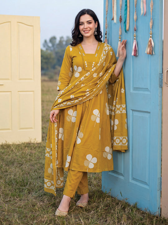 Indo Era Mustard Printed A-Line Kurta Trousers With Dupatta Set