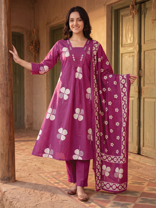 Indo Era Burgundy Printed A-Line Kurta Trousers With Dupatta Set