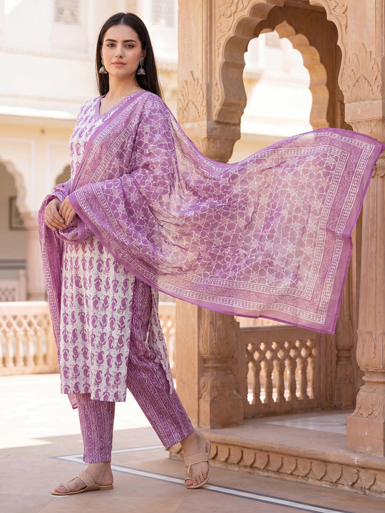 Indo Era White Printed Straight Kurta Trousers With Dupatta Set