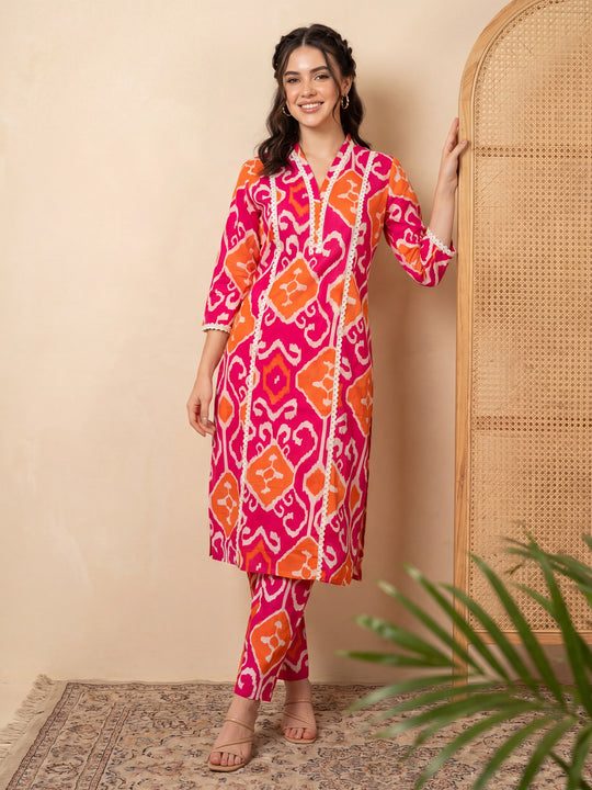 Indo Era Pink Printed Straight Kurta Trousers Set