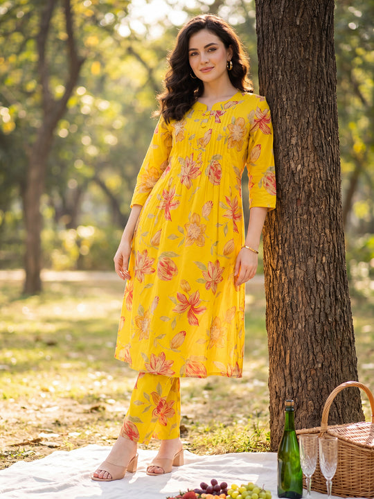 Indo Era Mustard Printed A-Line Kurta Trousers Set