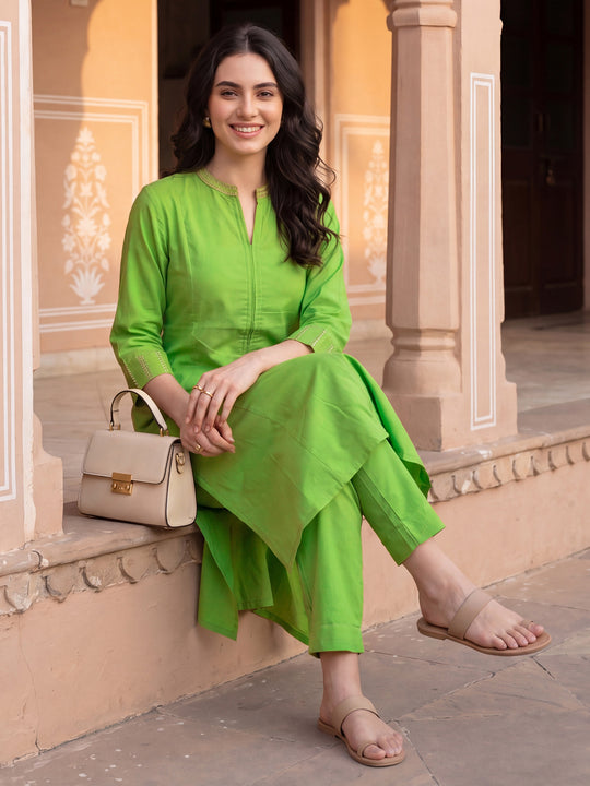 Indo Era Green Self Design A-Line Kurta Trousers Set