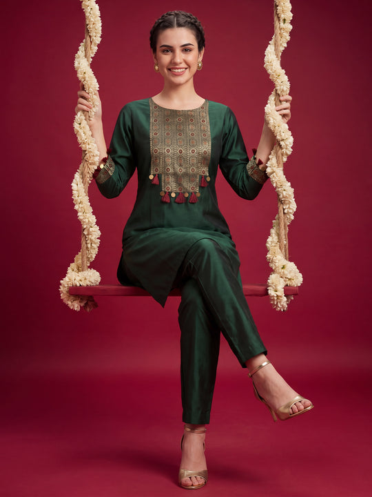 Indo Era Green Woven Design Straight Kurta Trousers Set