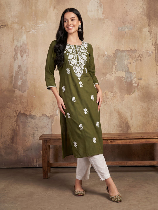 Indo Era Green Embroidered Straight Kurtas