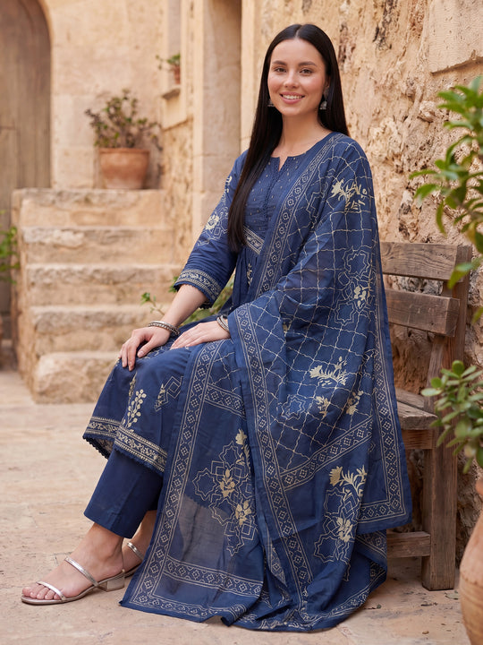 Indo Era Blue Printed A-Line Kurta Trousers With Dupatta Set