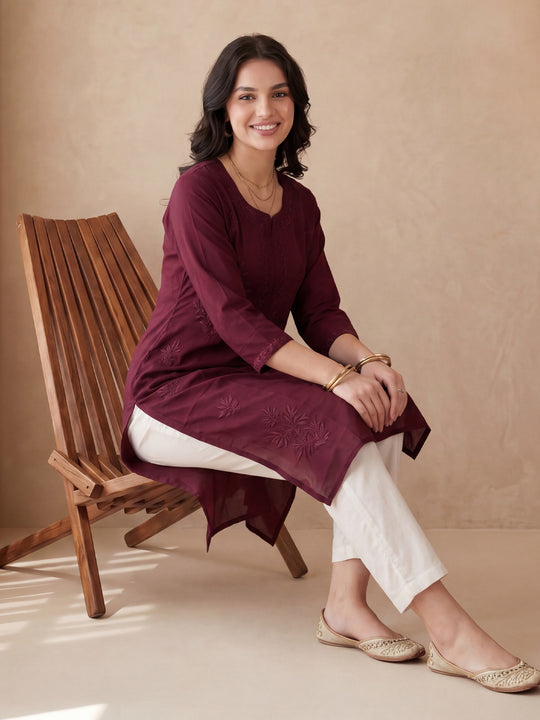 Indo Era Burgundy Embroidered Straight Kurtas