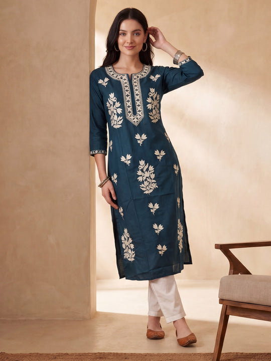 Indo Era Teal Embroidered Straight Kurtas