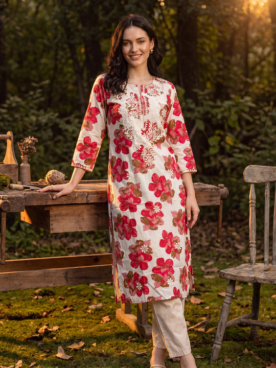 Indo Era White Embroidered Straight Kurtas