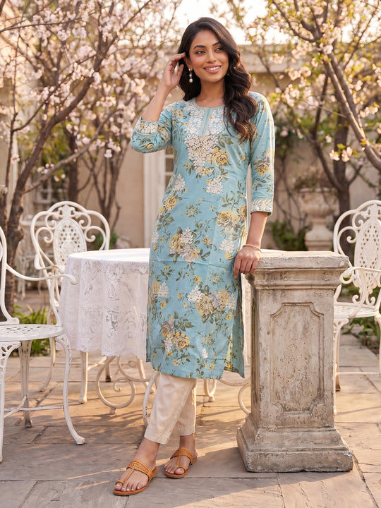 Indo Era Blue Embroidered Straight Kurtas