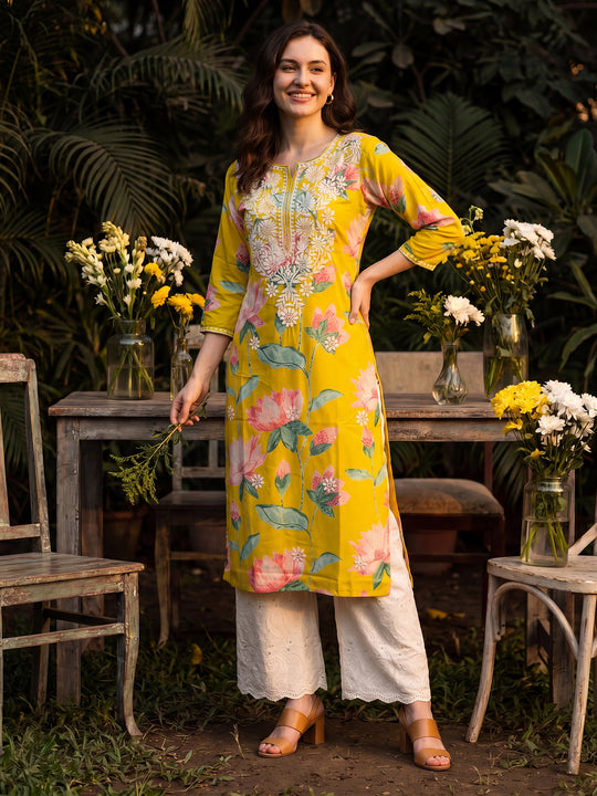 Indo Era Yellow Embroidered Straight Kurtas