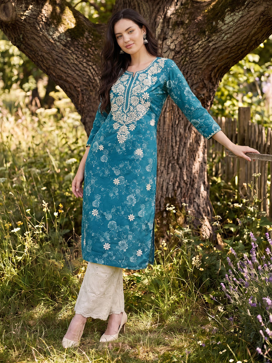 Indo Era Blue Embroidered Straight Kurtas