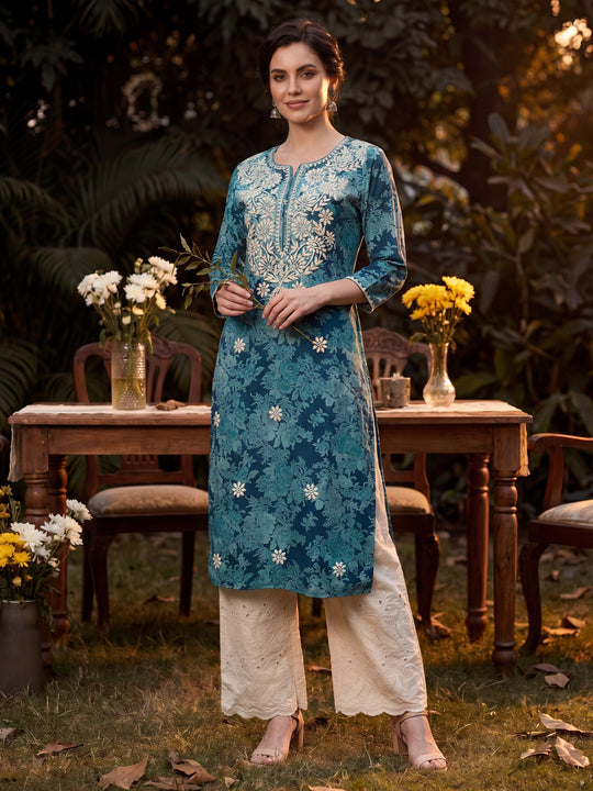 Indo Era Blue Embroidered Straight Kurtas