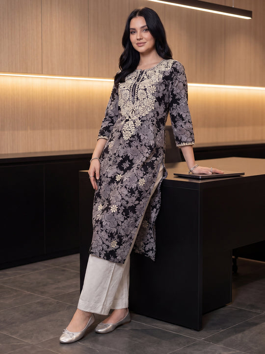 Indo Era Black Embroidered Straight Kurtas