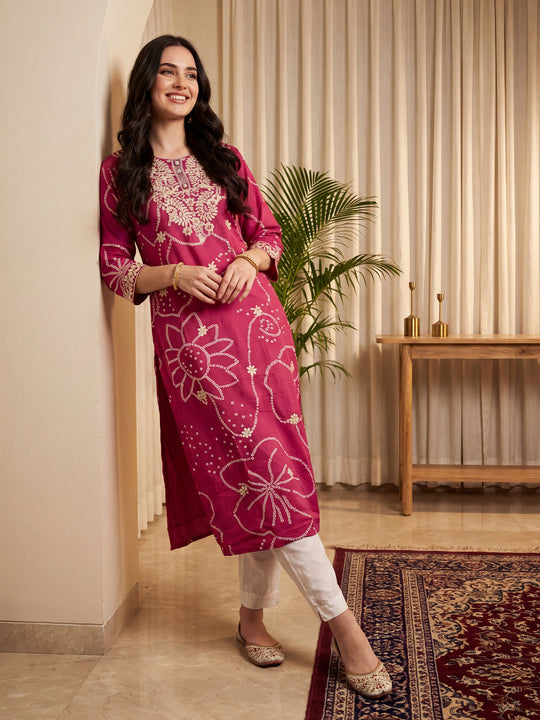 Indo Era Pink Embroidered Straight Kurtas