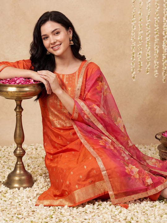 Indo Era Orange Woven Design Straight Kurta Trousers With Dupatta Set