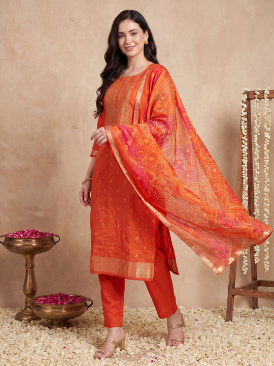 Indo Era Orange Woven Design Straight Kurta Trousers With Dupatta Set