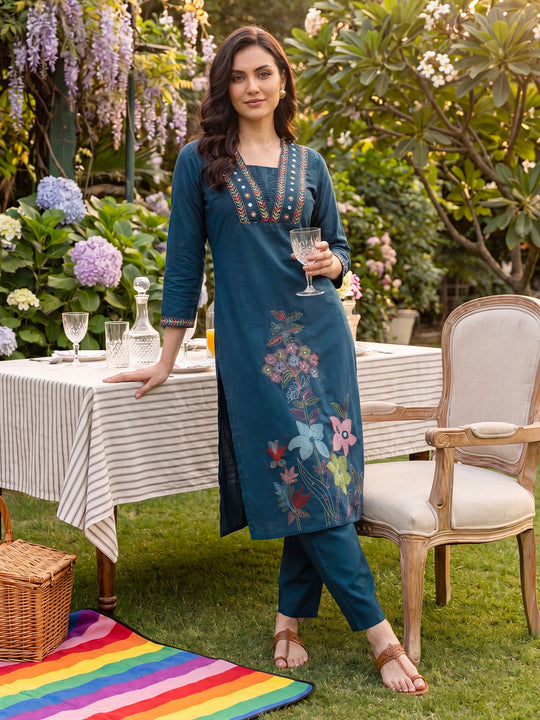 Indo Era Blue Embroidered Straight Kurta Trousers Set