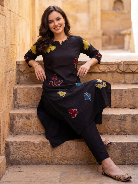 Indo Era Black Printed Straight Kurta Trousers Set