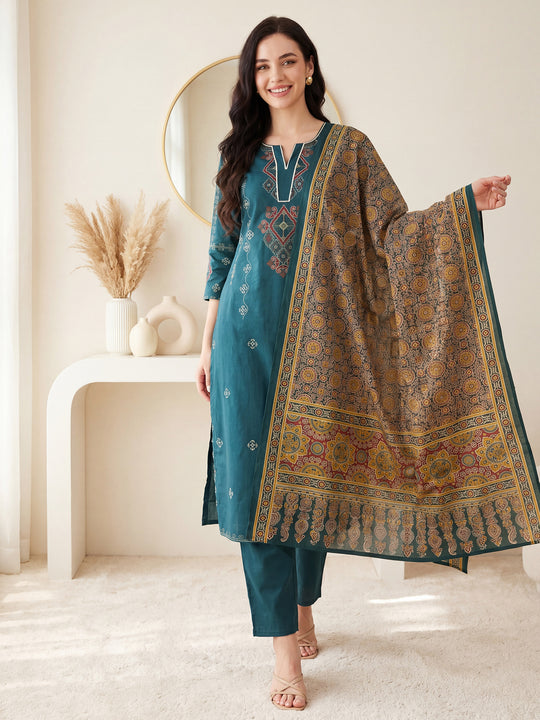 Indo Era Teal Embroidered Straight Kurta Trousers With Dupatta Set