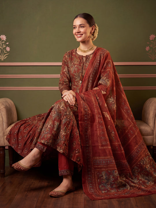 Indo Era Rust Printed A-Line Kurta Trousers With Dupatta Set