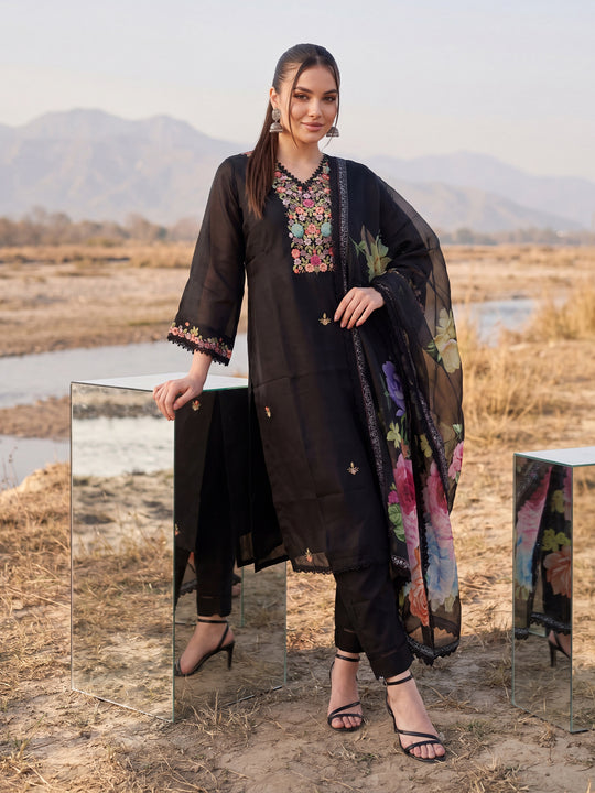 Indo Era Black Printed Straight Kurta Trousers With Dupatta Set