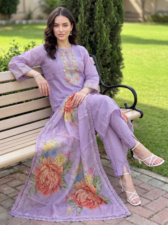 Indo Era Lavender Embroidered Straight Kurta Trousers With Dupatta Set