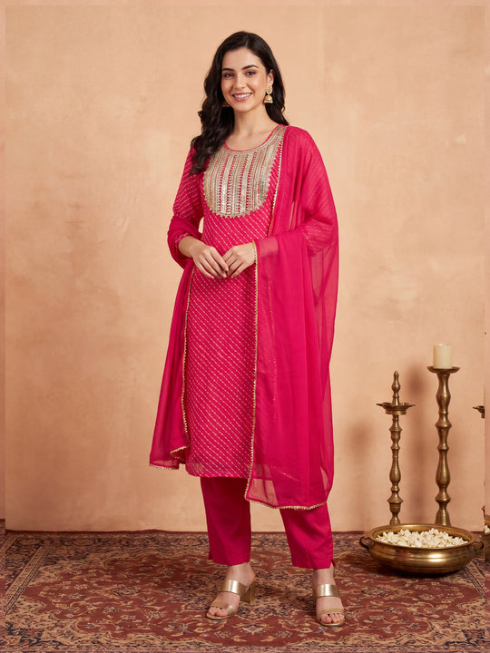 Indo Era Pink Embroidered Straight Kurta Trousers With Dupatta Set
