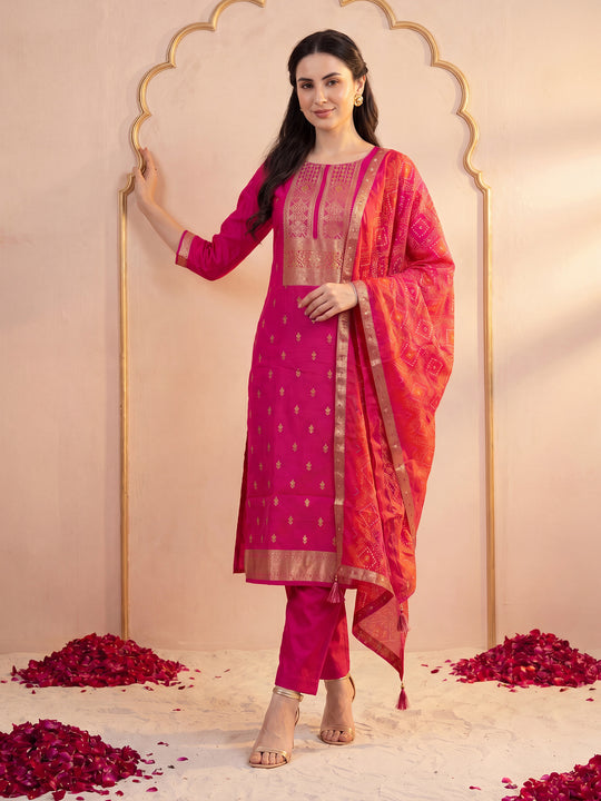 Indo Era Pink Woven Design Straight Kurta Trousers With Dupatta Set
