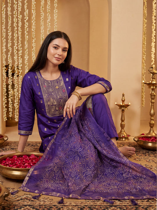 Indo Era Purple Woven Design Straight Kurta Trousers With Dupatta Set