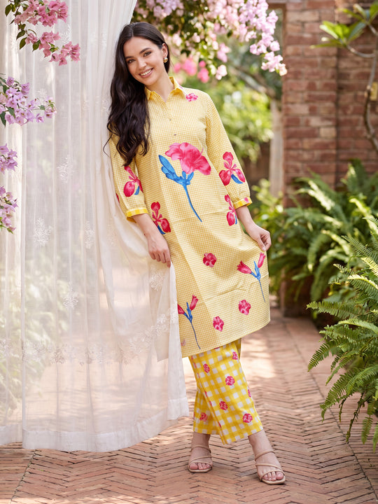 Indo Era Yellow Printed A-Line Kurta Trousers Set