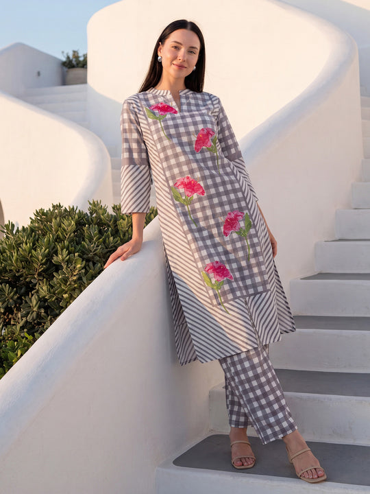 Indo Era Grey Printed A-Line Kurta Trousers Set