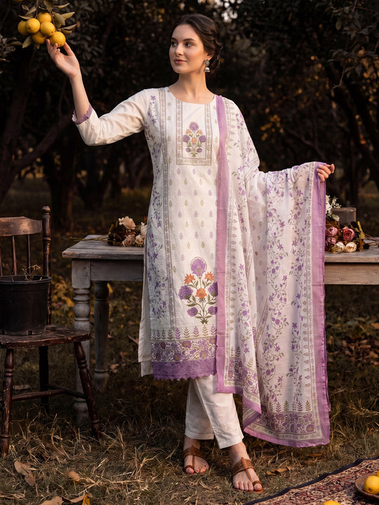 Indo Era Cream Printed Straight Kurta Trousers With Dupatta Set