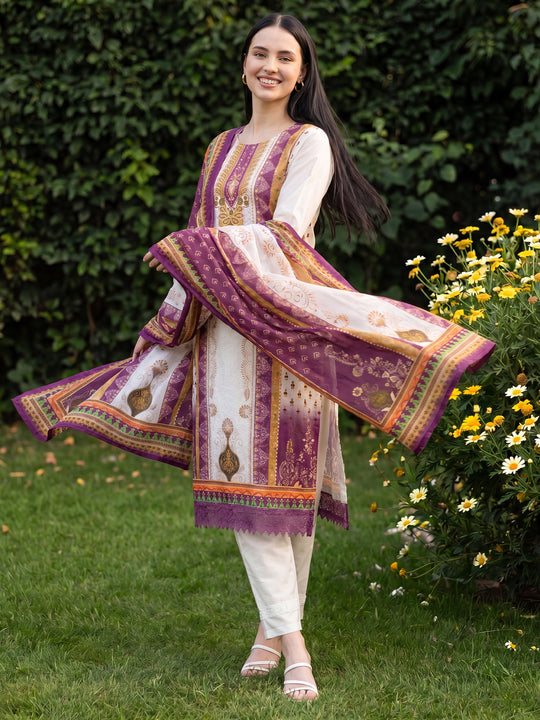 Indo Era Cream Printed Straight Kurta Trousers With Dupatta Set