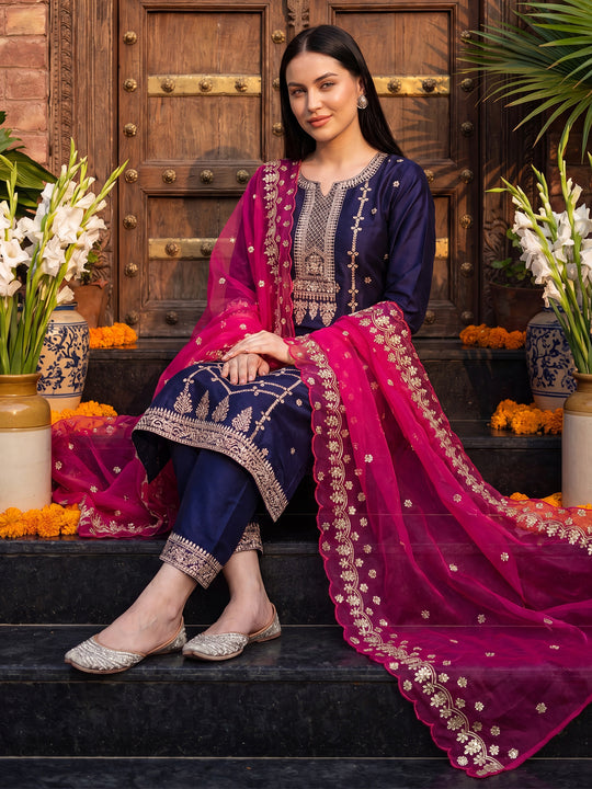 Indo Era Purple Embroidered Straight Kurta Trousers With Dupatta Set